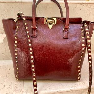 Valentino Dark Red RockStud Leather Tote Bag